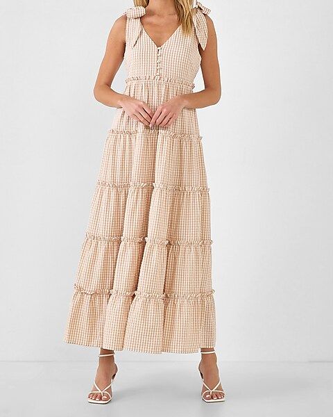English Factory Gingham Maxi Dress with Shoulder Ties | Express