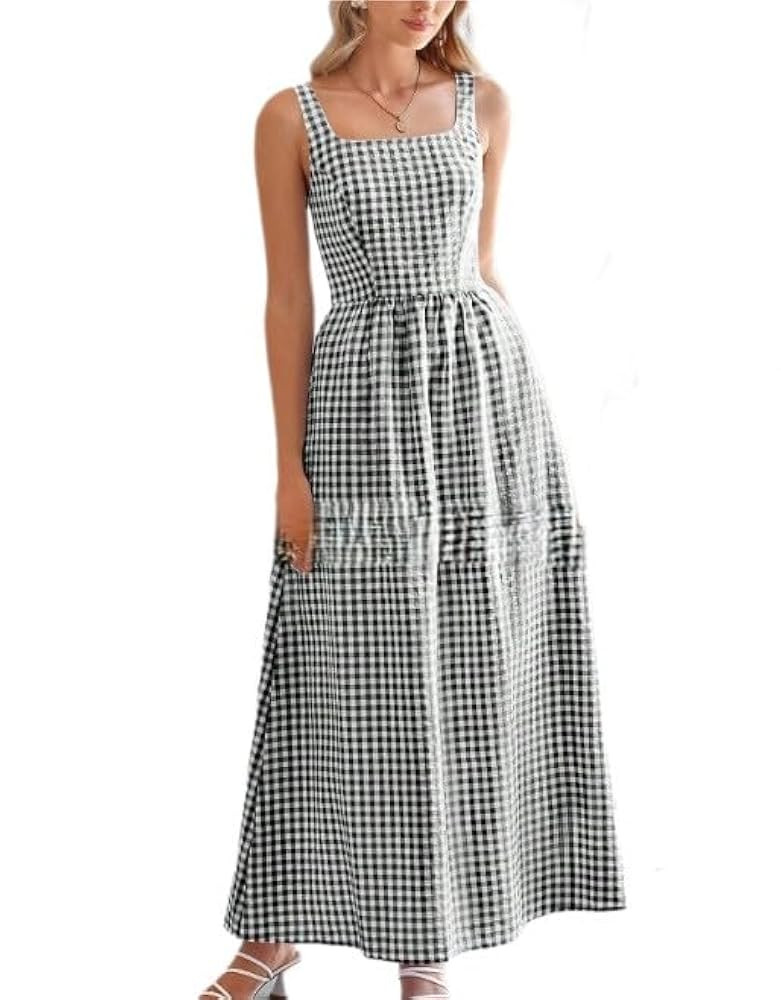 Women's Plaid Smocked Back Maxi Dress Summer Spaghetti Strap Swing Flowy Beach Long Dresses | Amazon (US)