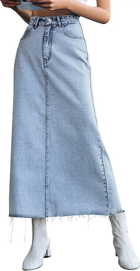 MISS MOLY Women's Jean Skirt Stretch High Waisted Frayed Raw Hem A Line Denim Midi Skirt with Poc... | Amazon (US)