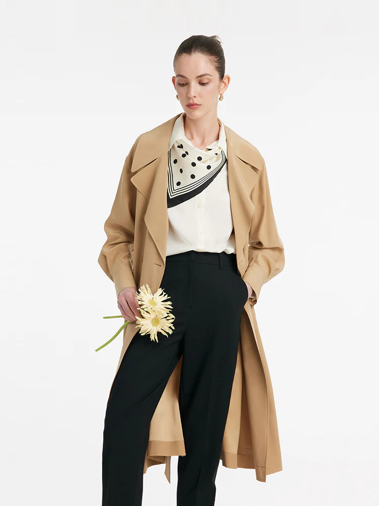 22 Momme Mulberry Silk Women Trench Coat With Belt | GOELIA