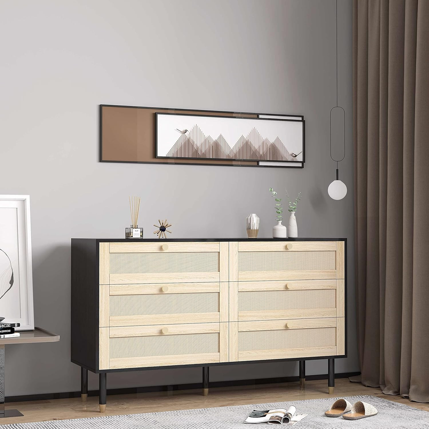 VINGLI Rattan Dresser for Bedroom 6 Drawer Black Cane Dresser Boho Chest of Drawers Mid Century M... | Amazon (US)