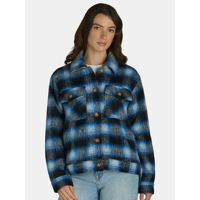 Time and Tru Women's Cropped Plaid Button Down Shacket, XS-XXXL | Walmart (US)