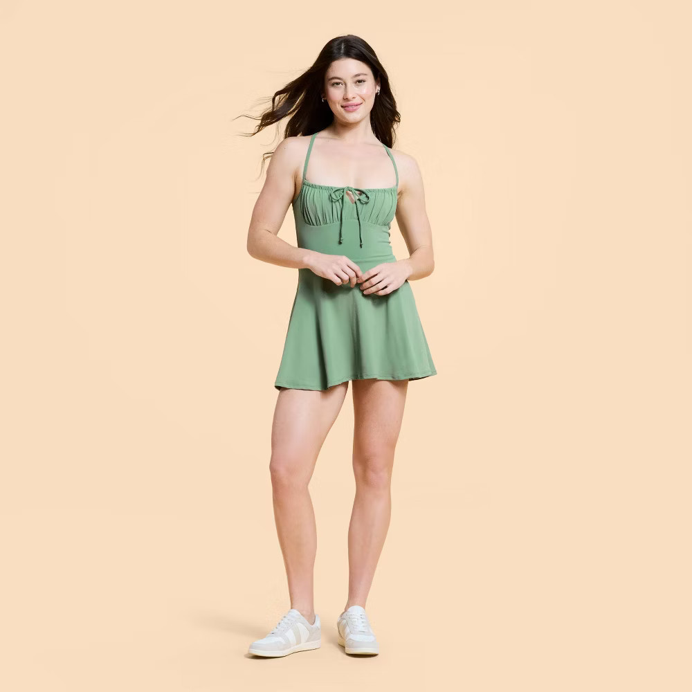 Blogilates Women's Tie Front Twirl Active Dress - Olive Green S | eBay US
