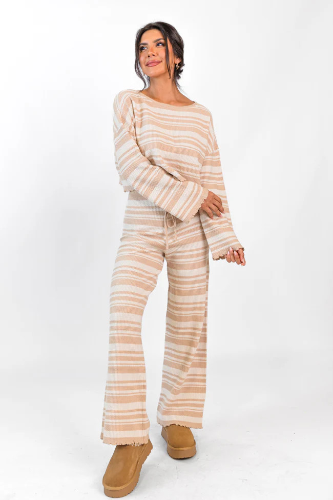 Take You There Taupe Striped Lettuce Hem Crop Top | Pink Lily