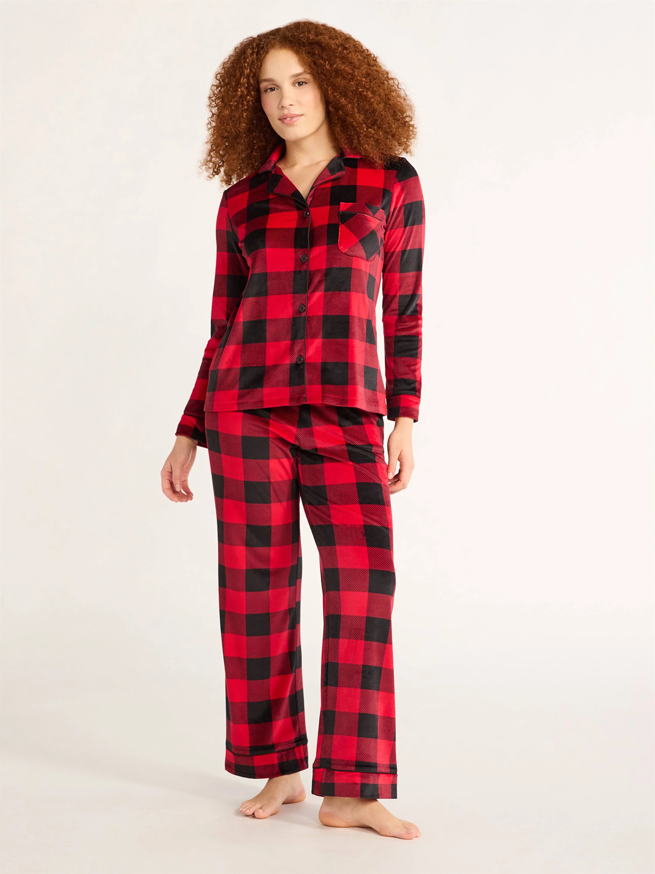 Joyspun Women's Velour Notch Collar Top and Pants Pajama Set, 2-Piece, Sizes S-3X | Walmart (US)