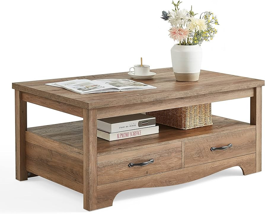 LINSY HOME Farmhouse Coffee Table with Storage, Wood Coffee Table for Living Room, Open Display A... | Amazon (US)