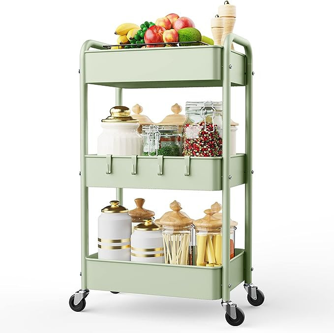 LEHOM 3 Tier Rolling Storage Cart, Metal Trolley Utility Cart with Wheels & Hooks, Easy Assembly ... | Amazon (US)
