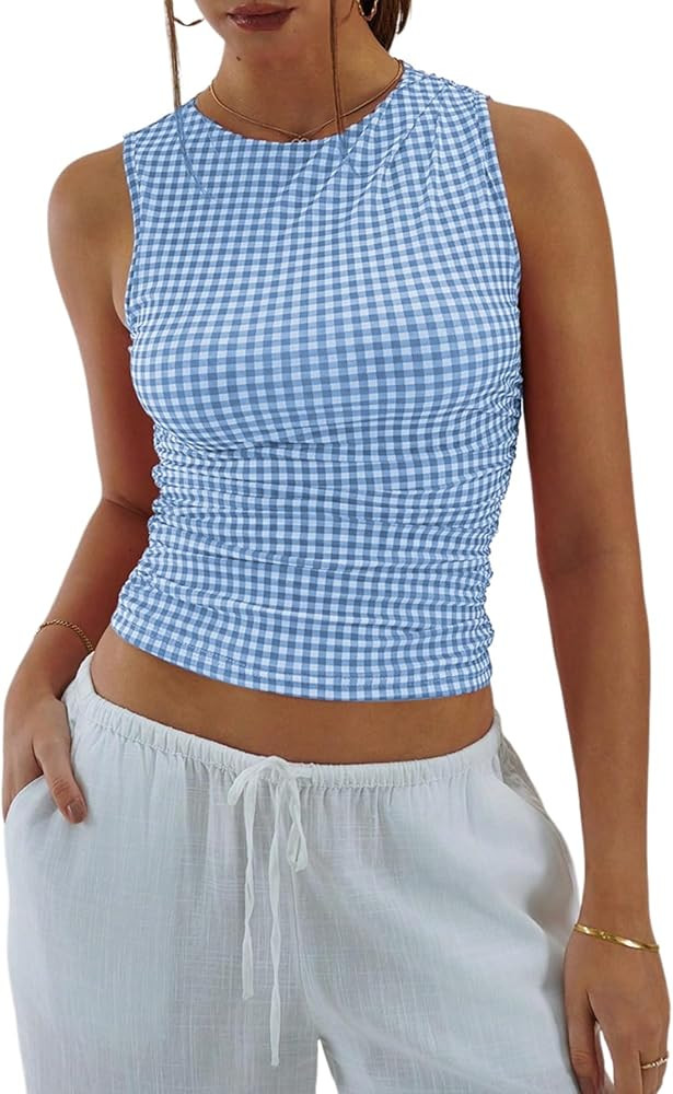 Milumia Women's Gingham Top Sleeveless Ruched Fitted Tank Tops Going Out Y2k Coquette Clothes | Amazon (US)