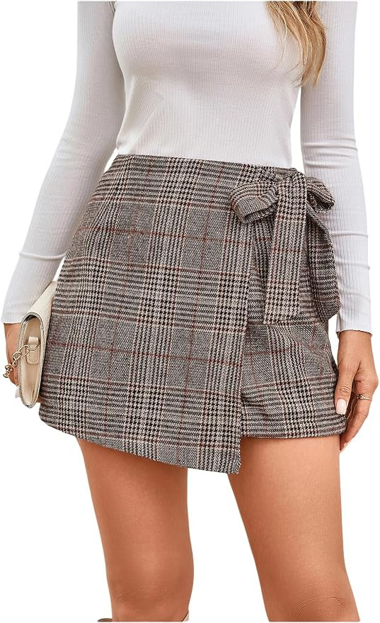 MakeMeChic Women's Houndstooth Wrap Skort Tie High Waisted Dressy Shorts | Amazon (US)