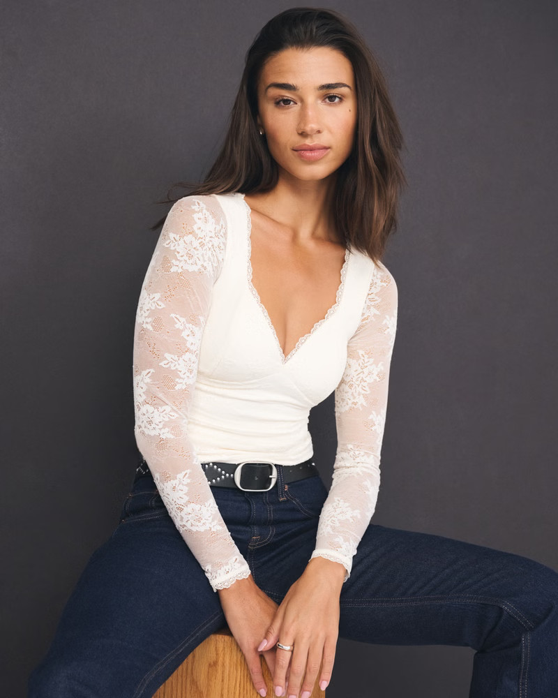 Women's A&F Zoe Bra-Free Long-Sleeve Lace Top | Women's Tops | Abercrombie.com | Abercrombie & Fitch (US)