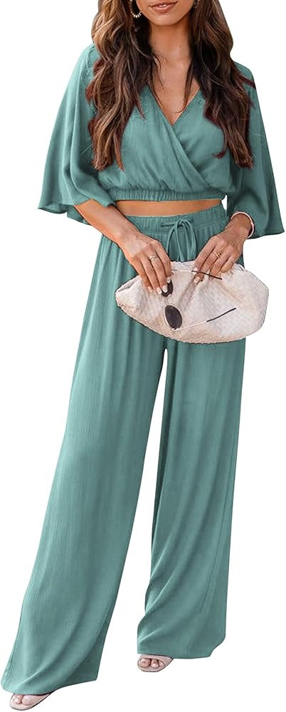 PRETTYGARDEN 2 Piece Outfits for Women 2023 Summer Short Sleeve Wrap V Neck Crop Tops Wide Leg Pa... | Amazon (US)