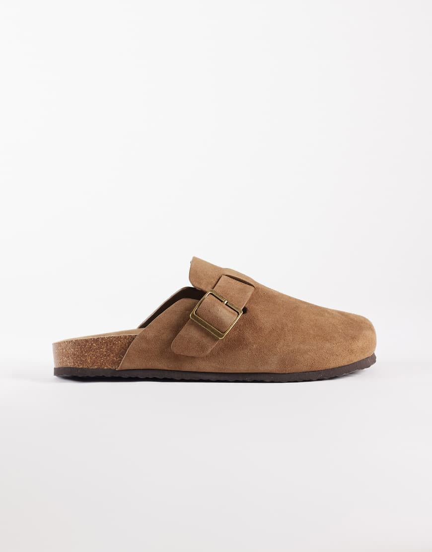 ASOS DESIGN – Pantoletten aus verstärktem Wildleder in Maulwurfbraun mit Korksohle-Brown | ASOS (Global)