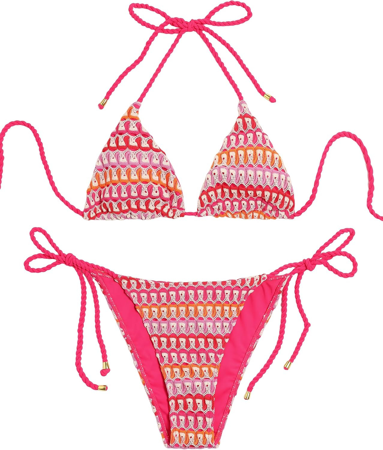 ZAFUL 2 Piece Triangle Bikini Sets for Women Sexy Crochet Halter Swimsuits | Multicolored Knitted Rope Suit Side Tie Bathing Beachwear | Amazon (US)