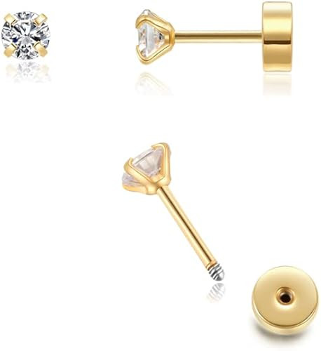 Flat Screw Back CZ Stud Earrings,Small Flat Back Cubic Zirconia Stud Earrings for Helix Cartilage... | Amazon (US)