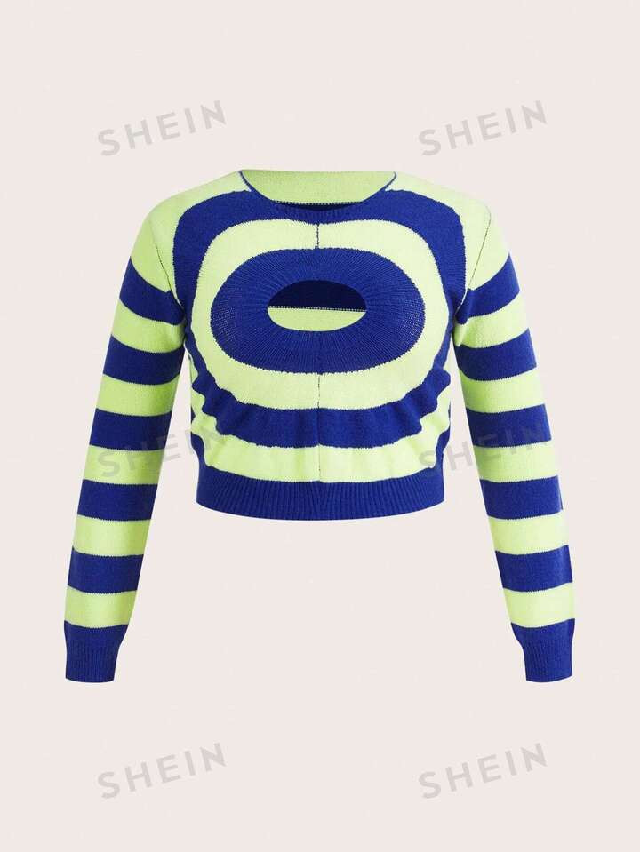 SHEIN ICON Plus Striped Pattern Cut Out Front Sweater | SHEIN
