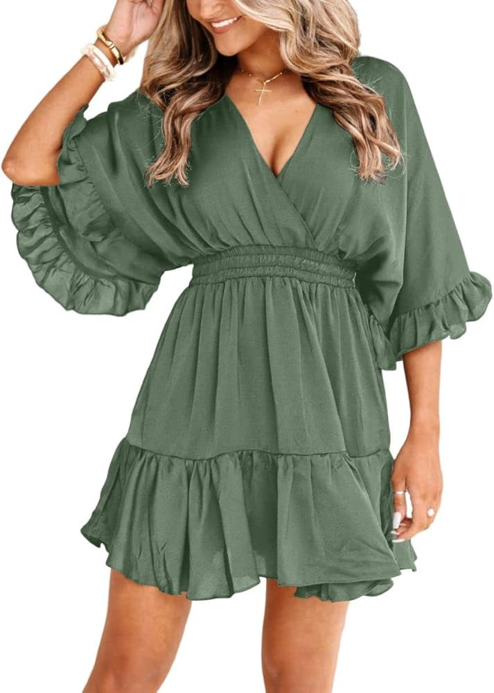 Aoysky Womens V Neck Casual Dresses Summer Loose High Waist Ruffle Pleated Cute Mini Short Dress | Amazon (US)