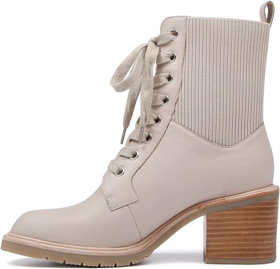 Women's Fashion Round Toe Stacked Mid Heel Ankle Boots Knit Lace Up Faux Leather Fall Booties | Amazon (US)