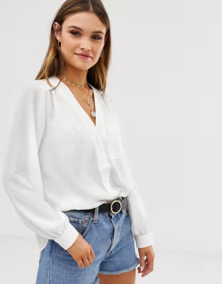 ASOS DESIGN long sleeve blouse with pocket detail in Ivory | ASOS (Global)