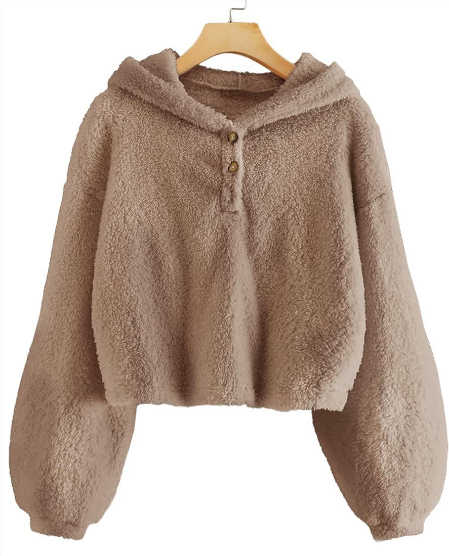 GAMISOTE Kids Girl's Fuzzy Hoodies Warm Loose Button Down Pullover Sherpa Jacket Top | Amazon (US)