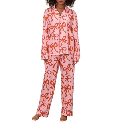 Nicoxijia Women Valentine's 2 Piece Pajama Set Cute Heart Print Long Sleeve Button Up Shirt Long Pants Sleepwear Lounge Sets (F-Pink, XL) | Amazon (US)