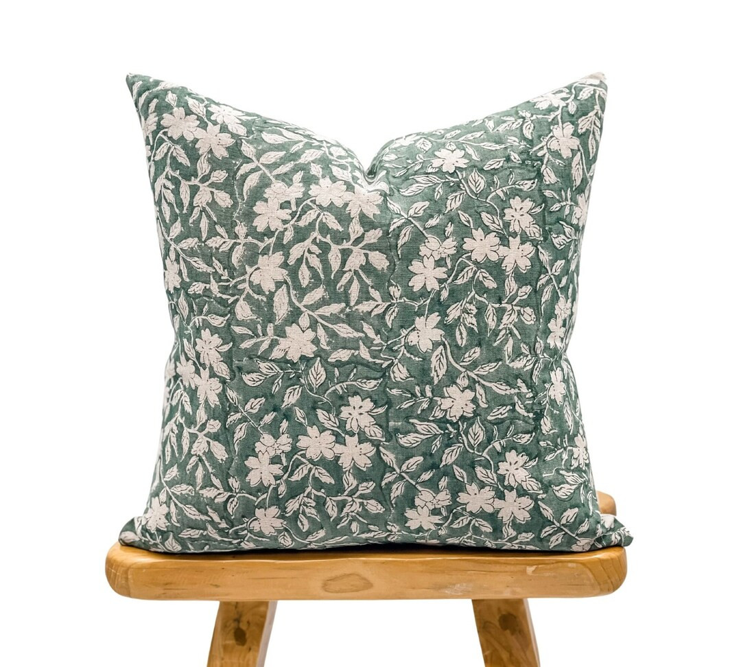 Designer Floral Sage Green on Natural Linen Pillow Cover, Sage Green Pillow cover, Boho Pillow, Bloc | Etsy (US)