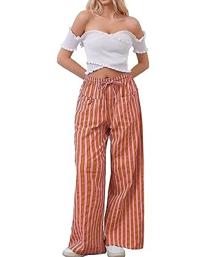 Women Drawstring Stripe Wide Leg Casual Trousers Striped Low Rise Casual Loose Lounge Pants with ... | Amazon (US)
