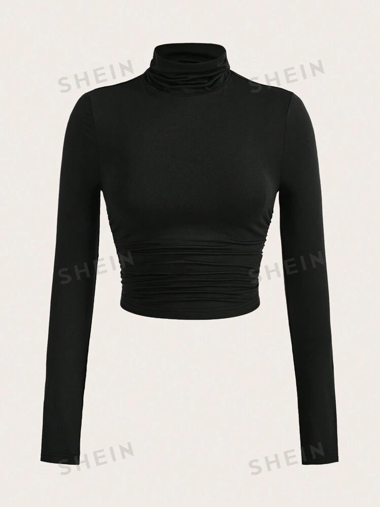 SHEIN EZwear Black Mock Neck Ruched Tee | SHEIN