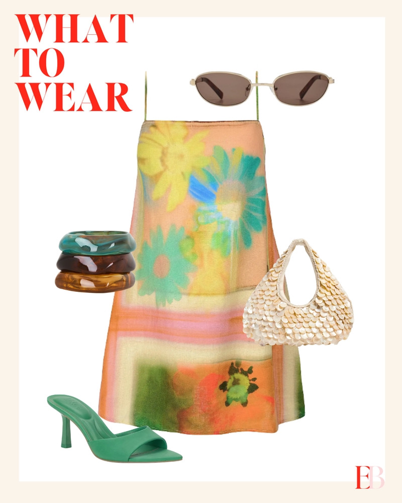 The dress that looks like someone painted it and the shoes that make it make sense.
This watercolor floral slip dress is the vacation piece that does all the work — the blurred print reads artistic rather than literal, the colors pull from enough of the warm and cool spectrum that almost anything works with it. Almost. The emerald green mules are the right call here specifically because they pick up the green in the print and commit to it. When a dress has this much going on, your shoe needs a point of view.
The shell hobo bag keeps the resort tone going without fighting the print, and the stacked resin bangles in green and tortoise are the wrist moment that ties the warm and cool tones together. Slim silver oval sunglasses because the outfit is already saying something and your accessories should whisper, not shout.
This is the outfit for a vacation dinner where you want to be the most interesting dressed person at the table without trying to be. 

 #LTKootd