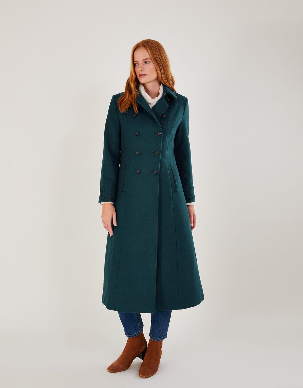 Minnie Military Long Coat in Wool Blend Teal | Monsoon (UK)