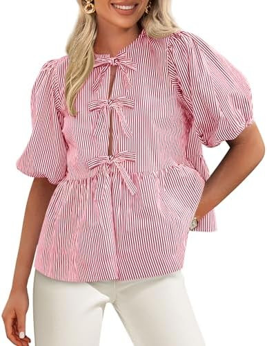 PRETTYGARDEN Women's Tie Front Striped Shirt 2026 Summer Trendy Fashion Cute Babydoll Tops Peplum... | Amazon (US)