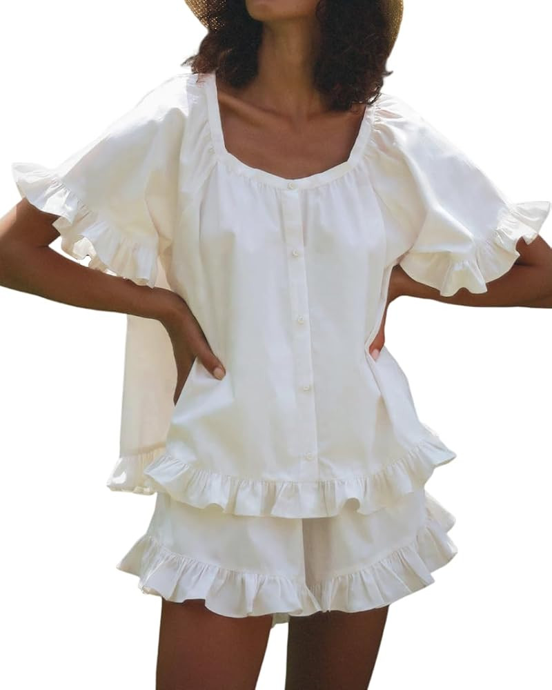 Womens Fashion Summer Short Sets Short Sleeve Button Down Ruffle Trim Top and Shorts Cotton Pajam... | Amazon (US)
