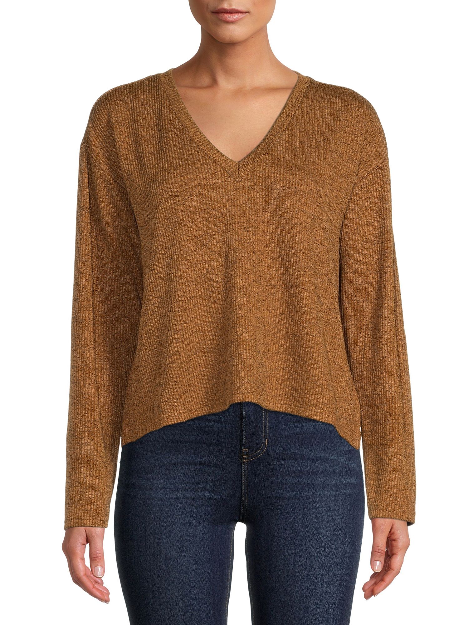 Time and Tru Women's V-Neck Knit Top with Long Sleeves | Walmart (US)