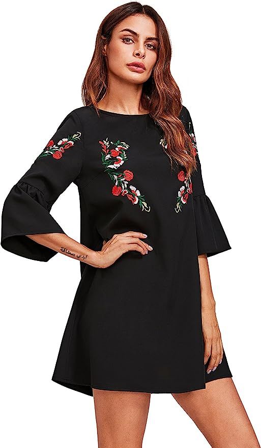 Floerns Women's Bell Sleeve Embroidered Tunic Dress | Amazon (US)
