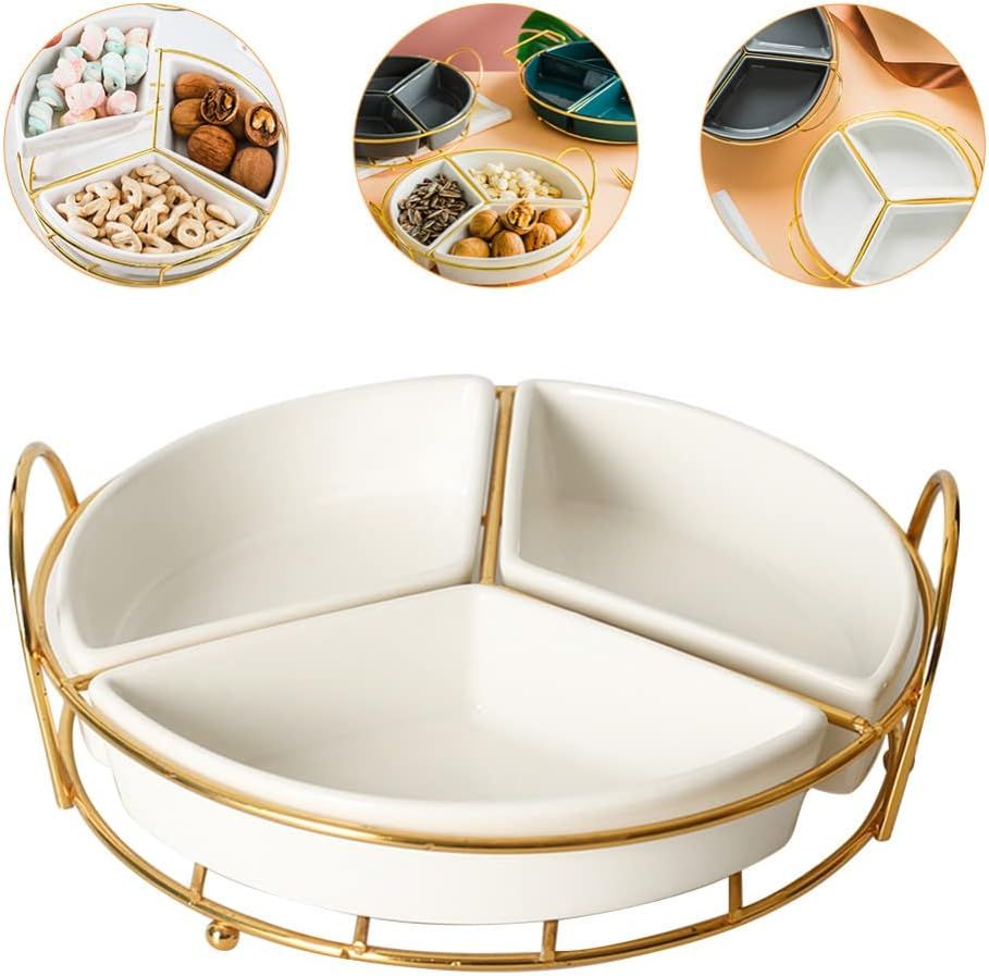 Angoily Ceramic Divided Serving Tray with Handles, 3 Sectional Appetizer Serving Tray, Round Vegg... | Amazon (US)