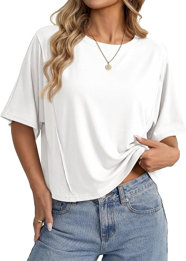 Fisoew Womens Oversized Crop Tops Summer Short Sleeve Crewneck T Shirts Casual Loose Basic Tee Wo... | Amazon (US)