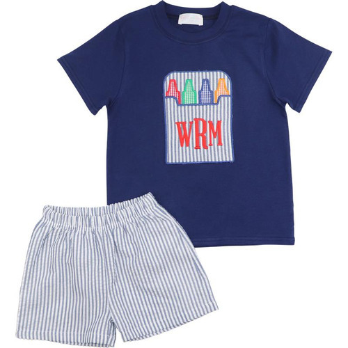Navy Seersucker Crayon Short Set | Cecil and Lou