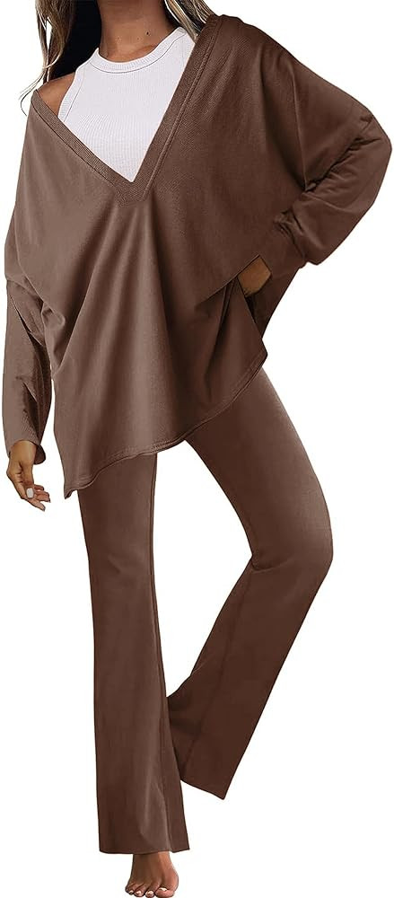 TAQCUX Womens Oversized 2Two Piece Outfit Reversible V Neck Long Sleeve Shirts Flared Pants Worko... | Amazon (US)