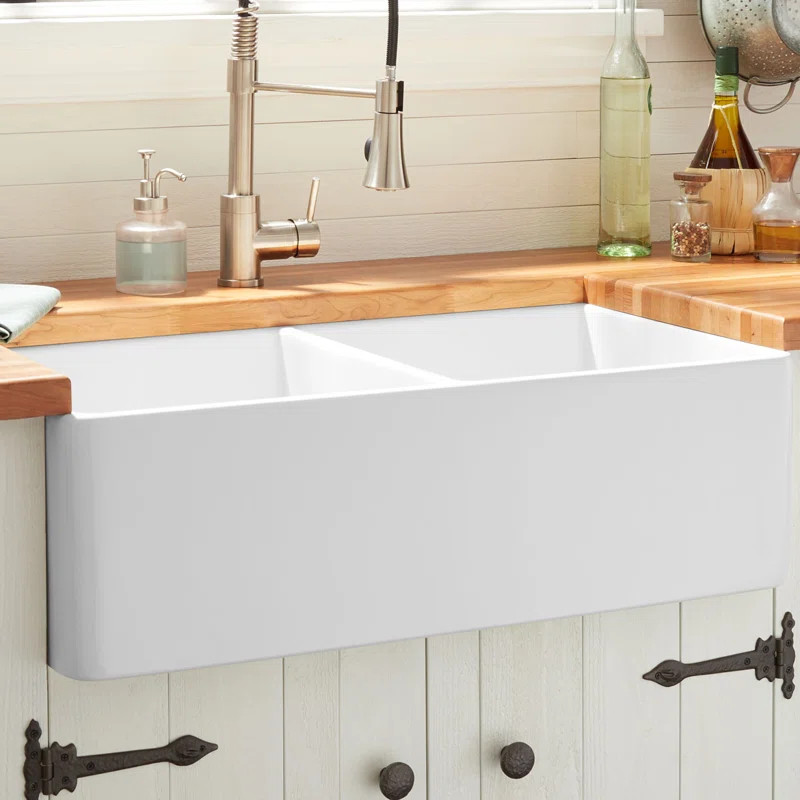 Signature Hardware 33" Reinhard Double Bowl Fireclay Farmhouse Sink | Wayfair North America