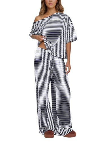 MISSACTIVER Women’s 2 Piece Striped Lounge Set Comfy Off Shoulder Shirts Drawstring Pants Match... | Amazon (US)