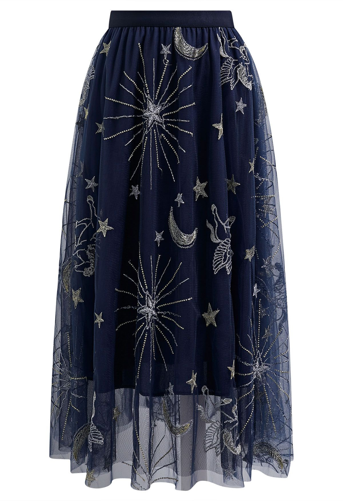 Mysterious Night Moon and Star Embroidered Mesh Tulle Skirt in Navy | Chicwish