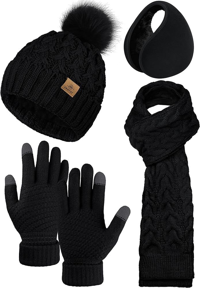 URATOT 4 Packs Winter Warm Set Knitted Pompom Hat Scarf Touch Screen Gloves Ear Warmer 4 In 1 Set... | Amazon (US)