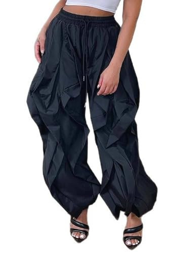 LETSVDO Women's Baggy Ruffle Fringe Pants Drawstring Elastic Waist Barrel Balloon Lantern Parachute Wide Leg Jogger Trousers Black | Amazon (US)