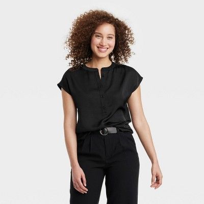 Women's Button Short Sleeve V-Neck Blouse - A New Day™ | Target