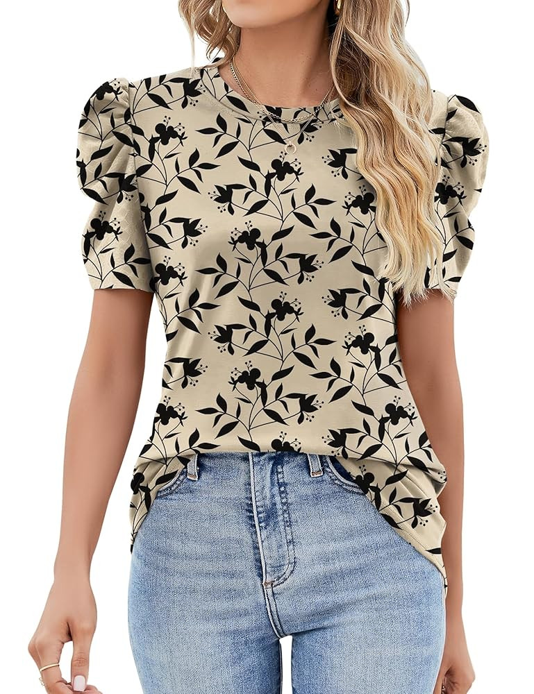 Ivicoer Puff Short Sleeve Shirt for Women Eyelet Tops Summer Crewneck Blouse Loose Fit S-XXL | Amazon (US)