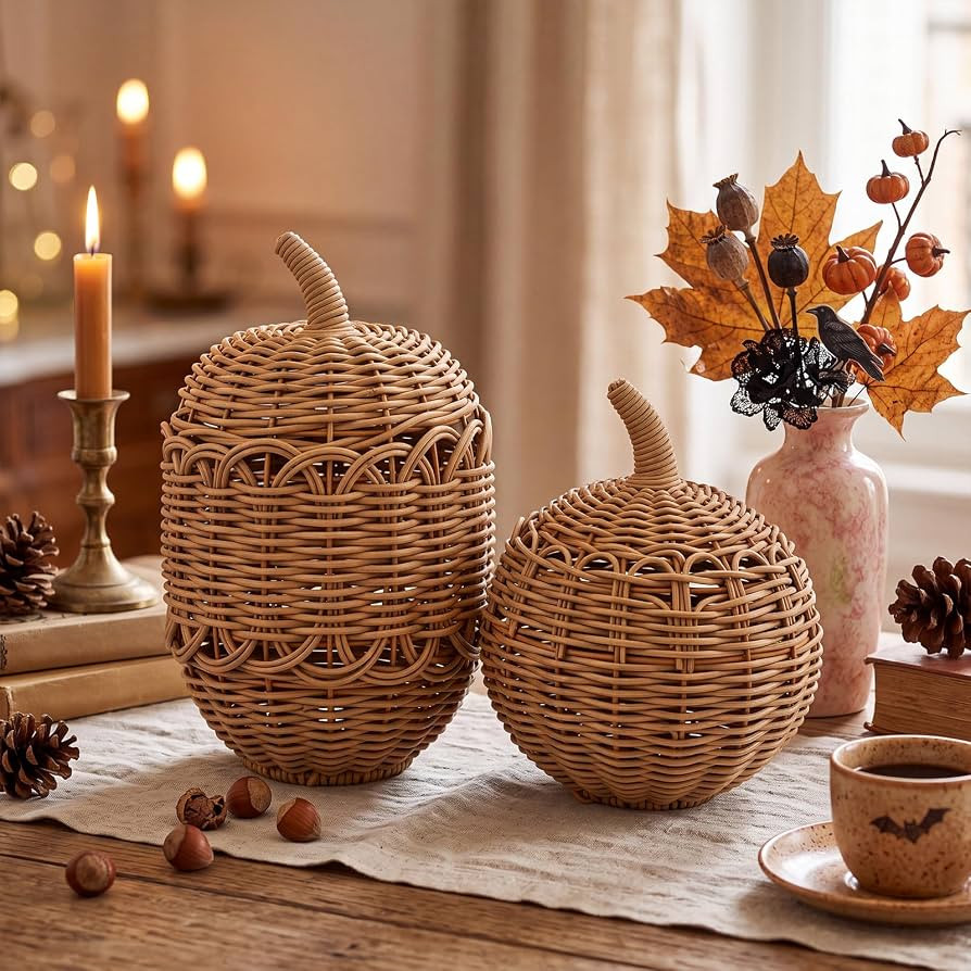 2 Pack Fall Woven Rattan Pumpkin Decor, Wicker Pumpkin Table Centerpiece | Amazon (US)