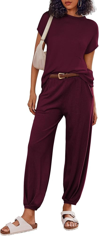 Ekouaer Women's 2 Piece Lounge Set Cap Sleeve Tops and Jogger Pants Knit Pajama Sweatsuit S-XXL | Amazon (US)