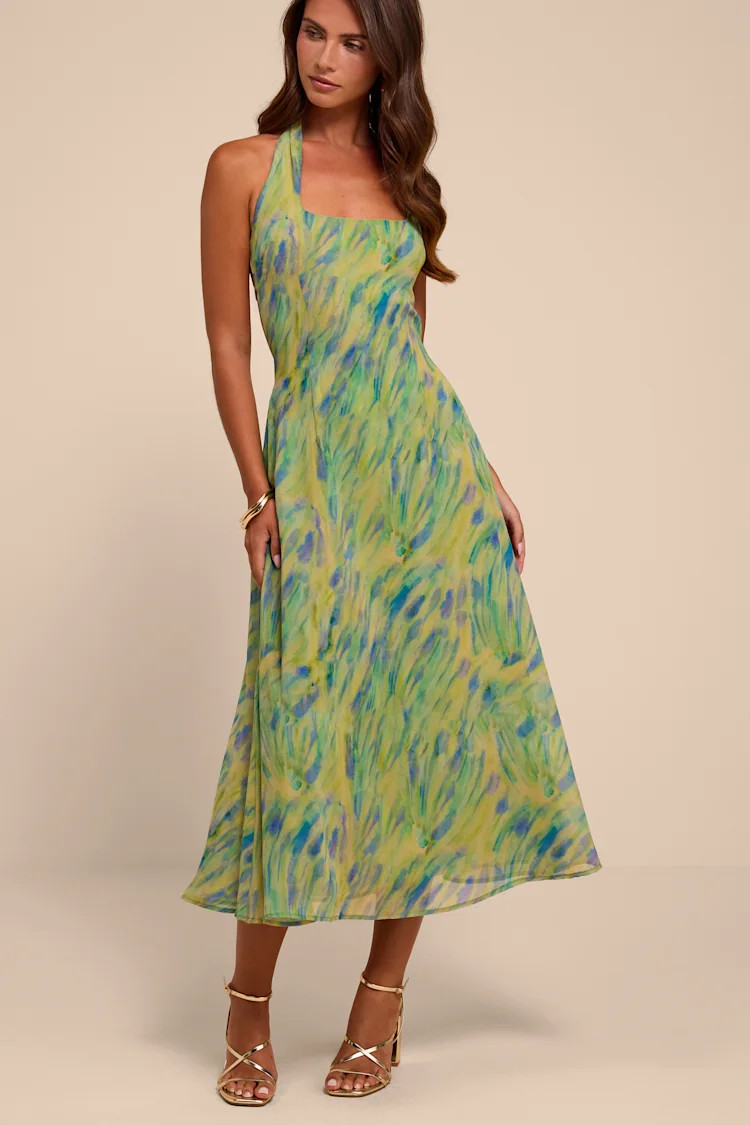 Reyes Green Multi Abstract Halter Midi Dress | Lulus