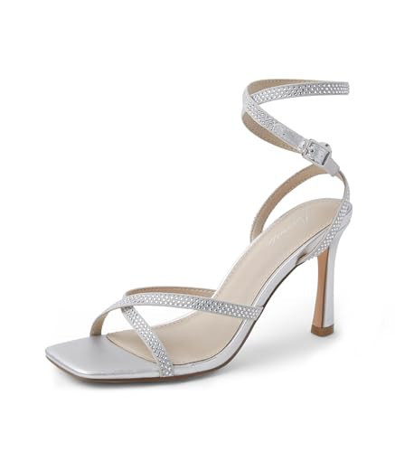 Arromic High Heels for Women Strappy Stilettos Heels Square Open toe Heeled Sandals Buckle Ankle Strap Heels Sexy Wedding Dress Heels Shoes - 3inch Silver | Amazon (US)