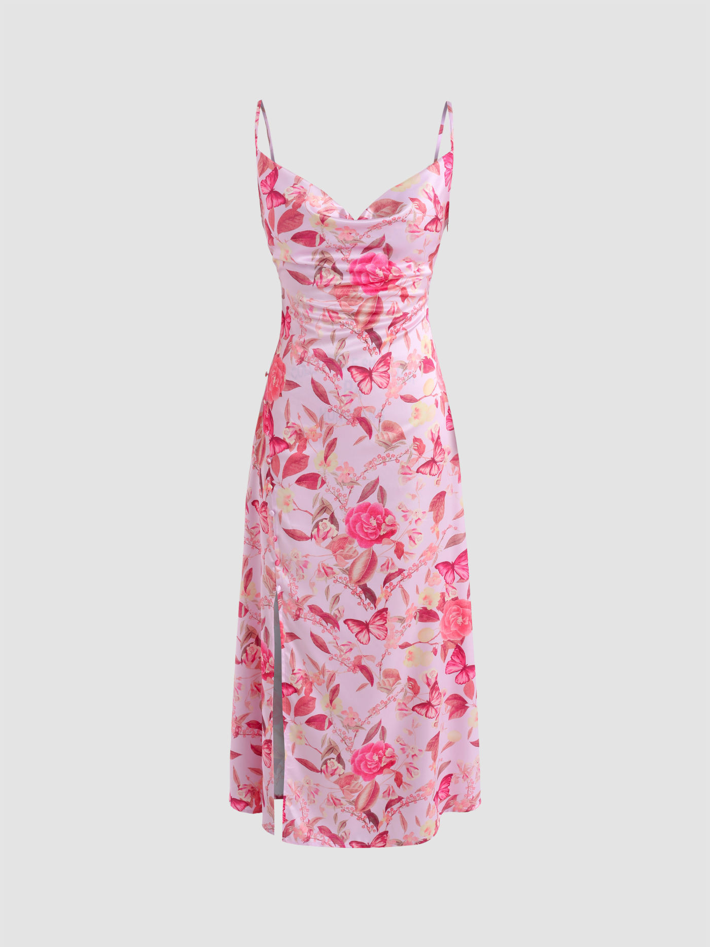 Satin Cowl Neck Butterfly & Floral Midi Dress For Vacation | Cider