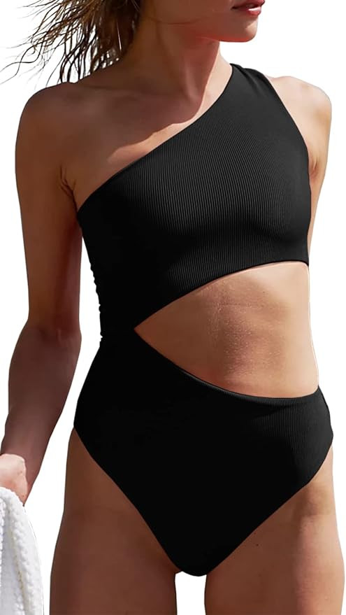 Women's One Piece Ribbed Swimsuit One Shoulder Cutout Swimwear Sexy Bathing Suit | Amazon (US)
